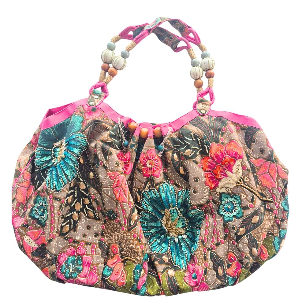 Accessorize Large Canvas Floral Embellished Bag Colorful Beaded Boho Beach